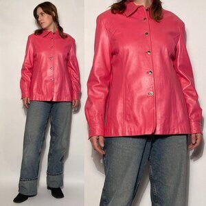 Vintage 1990s St. John Real LEATHER Hot Pink Jacket! Large